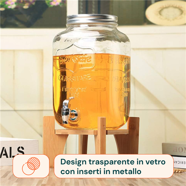 AVILIA DISPENSER BEVANDE 8LT IN VETRO CON BASE LEGNO E RUBINETTO