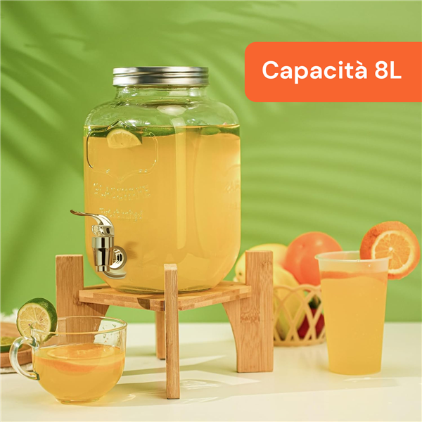 AVILIA DISPENSER BEVANDE 8LT IN VETRO CON BASE LEGNO E RUBINETTO