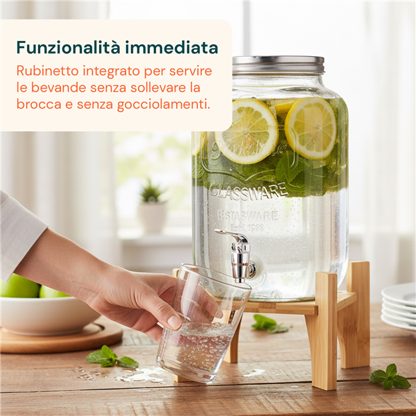 AVILIA DISPENSER BEVANDE 8LT IN VETRO CON BASE LEGNO E RUBINETTO