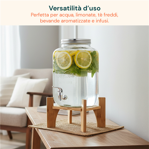 AVILIA DISPENSER BEVANDE 8LT IN VETRO CON BASE LEGNO E RUBINETTO
