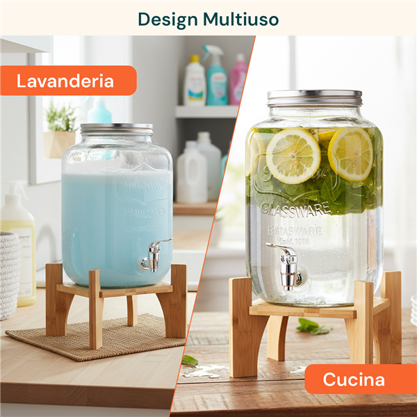 AVILIA DISPENSER BEVANDE 8LT IN VETRO CON BASE LEGNO E RUBINETTO