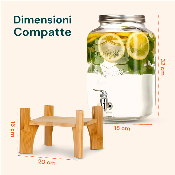 AVILIA DISPENSER BEVANDE 8LT IN VETRO CON BASE LEGNO E RUBINETTO