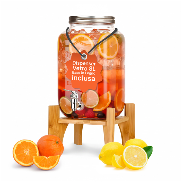 AVILIA DISPENSER BEVANDE 8LT IN VETRO CON BASE LEGNO E RUBINETTO