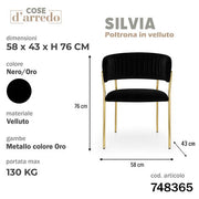 CS POLTRONA SILVIA NERA C/PIEDI ORO 58X43XH76