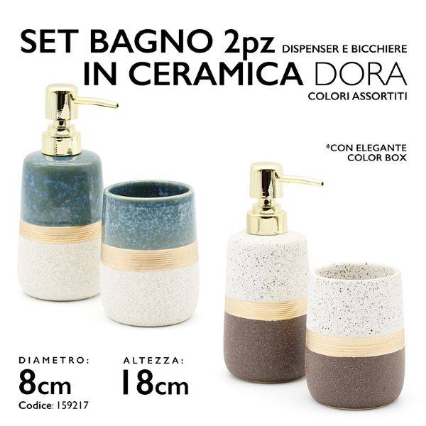 MMZ SET BAGNO 2PZ DORA IN CERAMICA DISPENSER E BICCHIERE COL. ASS.
