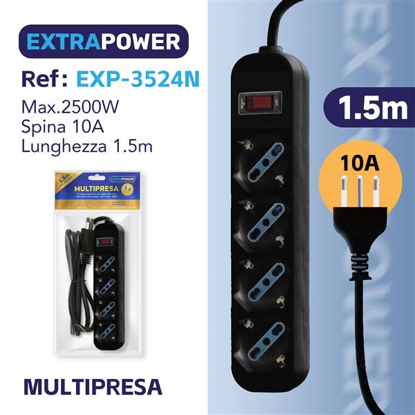 HD MULTIPRESA 4 USCITE SCHUKO C/INTERRUTTORE DI SICUREZZA ART.EXP3524N