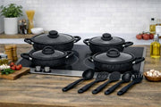 HOME BAVARIA SET TEGAMI 13PZ NERO 20/24/28/32CM CON COPERCHI IN VETRO E MESTOLI