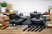 HOME BAVARIA SET PADELLE 13PZ NERE 20/24/28/32CM CON COPERCHI IN VETRO E MESTOLI