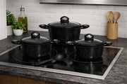 HOME BAVARIA SET CASSERUOLE 7PZ NERE 20/24/28CM CON COPERCHI IN VETRO E MESTOLO