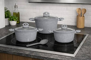 HOME BAVARIA SET CASSERUOLE 7PZ GRIGIE 20/24/28CM CON COPERCHI VETRO E MESTOLO