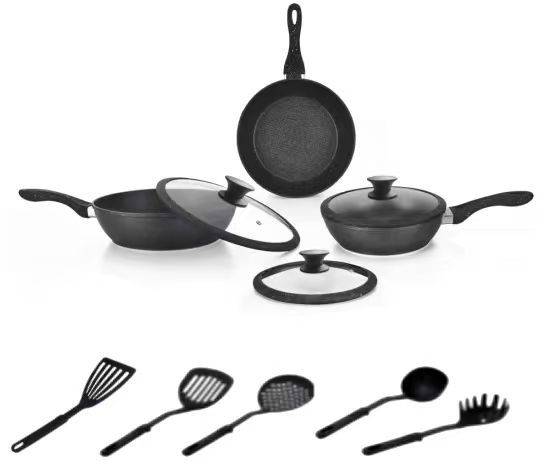 HOME BAVARIA SET PADELLE 11PZ NERA ADATTE ALL'INDUZIONE + 5 MESTOLO NYLON