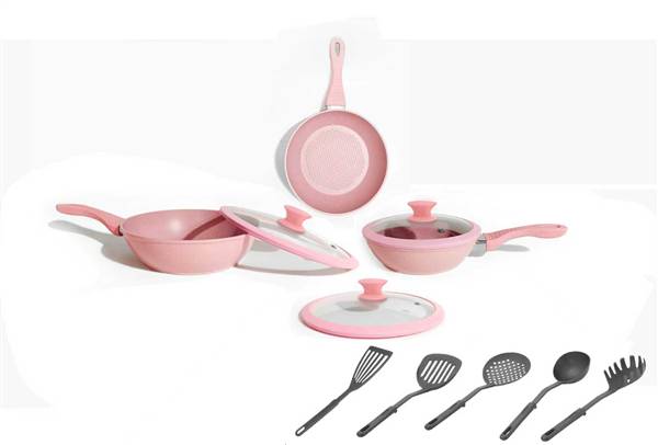 HOME BAVARIA BATTERIA 11PZ ROSA ADATTE ALLINDUZIONE + 5 MESTOLO NYLON