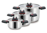 BAVARIA SET CASSERUOLE 6PZ INOX 16/20/24 INDUZIONE CON C/VETRO  CON MANICI SALVASPAZIO